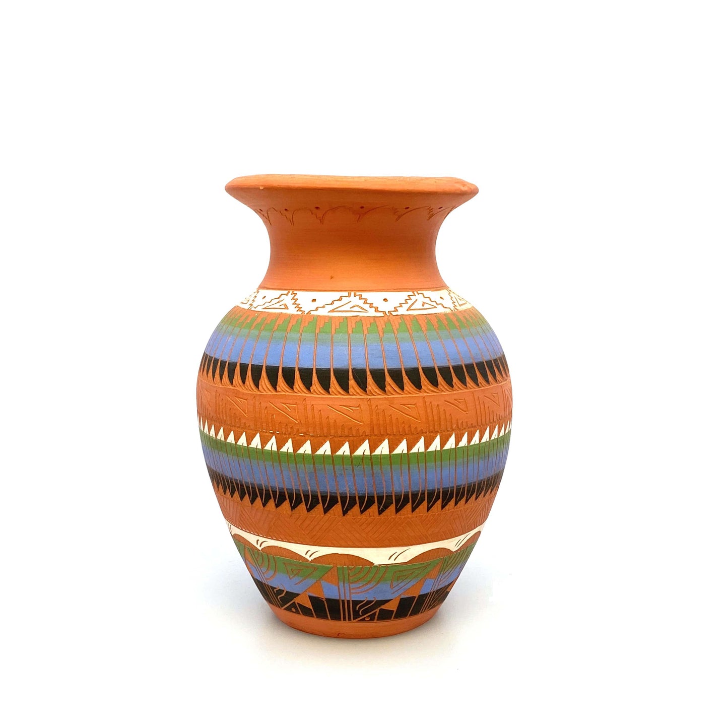 Navajo Pottery Vase Anna Tsosie Signed Terra Cotta Hand Etched 8” Orange Blue
