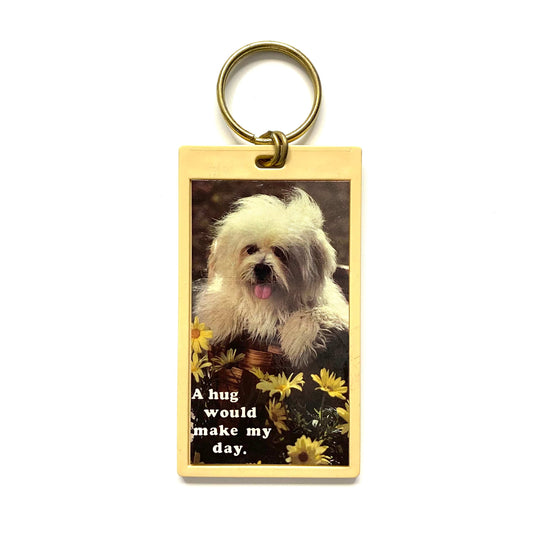 Vintage Key Finder Service "A hug would make my day." Keychain Key Ring Plastic Rectangle Beige