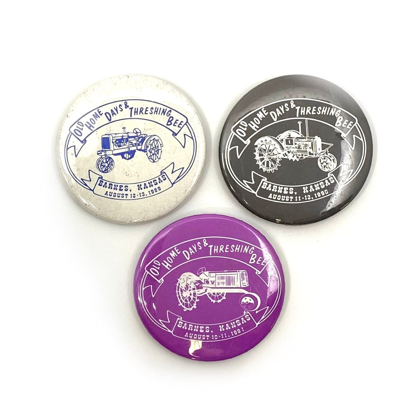 Old Home Days & Threshing Bee - Barnes, KS ‘89-‘91 Pinback Button, Set of 3