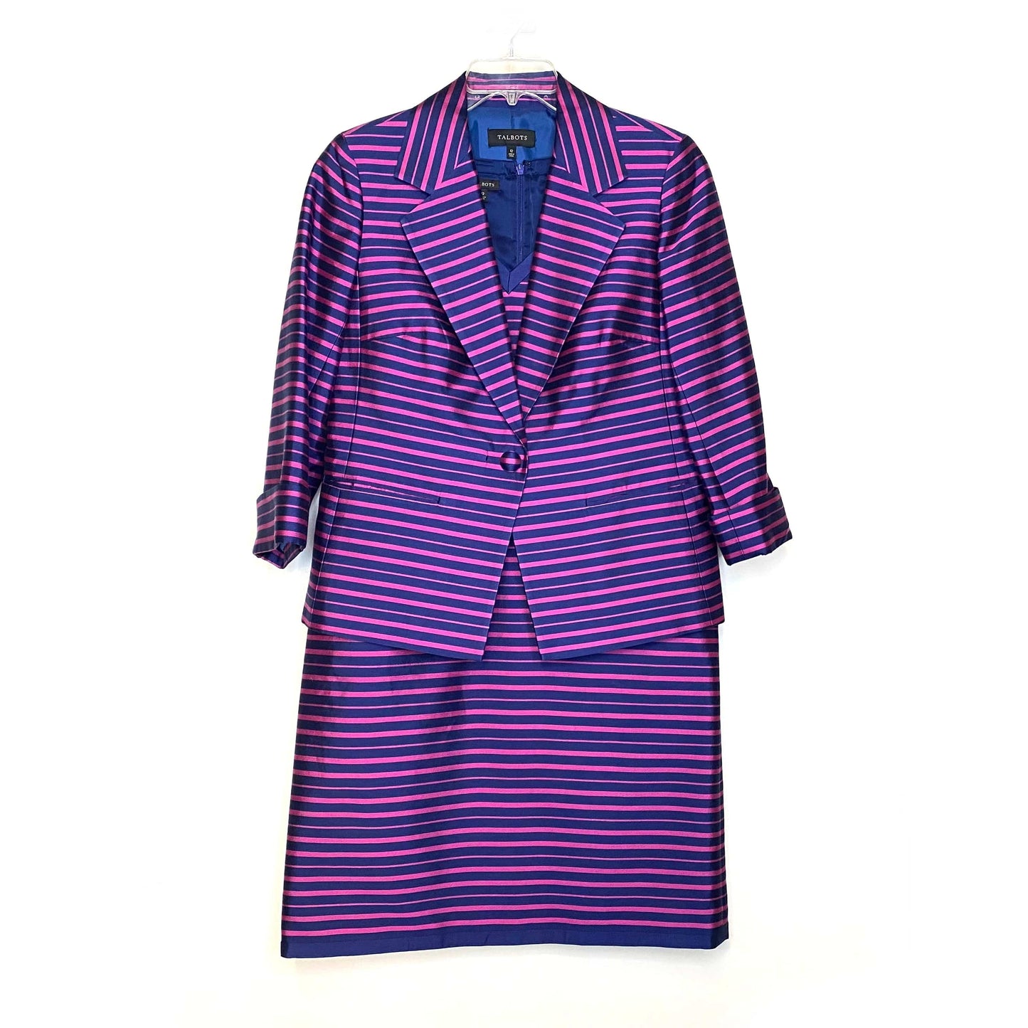 Talbots Womens Size 12 Pink Purple Striped Dress & Blazer Jacket Lined Suit