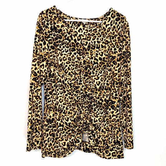 Como Blu Womens Size XL Black Brown Leopard Animal Print Gathered Shirt Top
