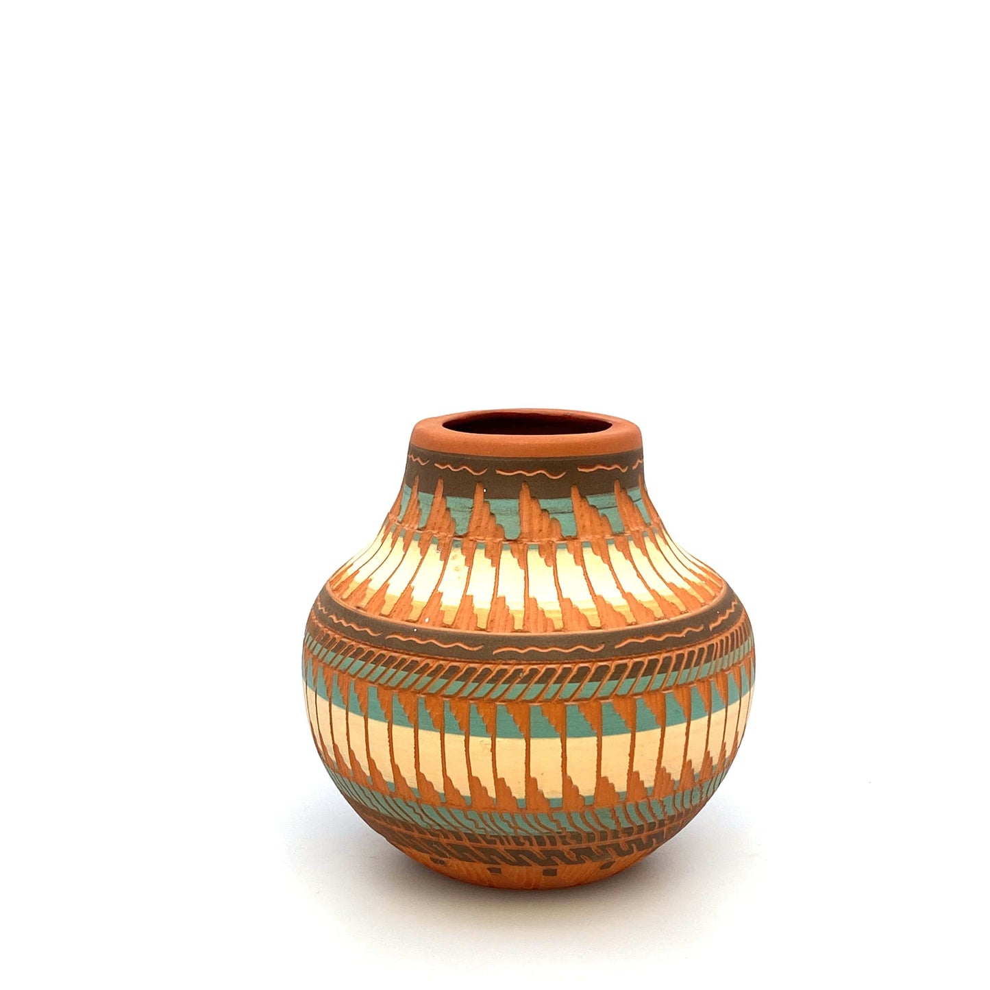 Navajo Pottery by Anna Tsosie Terra Cotta Hand Etched Seed Pot 5” Orange Blue Brown