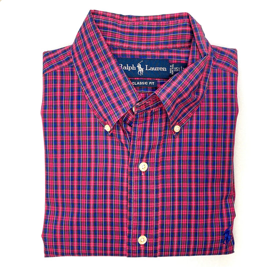 Ralph Lauren Mens Size 15½ M Red Blue Plaid Classic Fit Dress Shirt Button-Up L/s