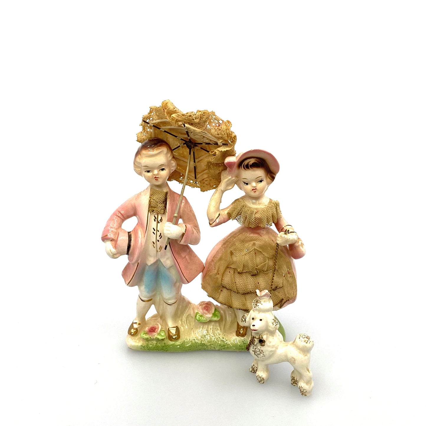 Vintage 6” Porcelain Figurine Lace Accents Victorian Era Boy, Girl and Poodle