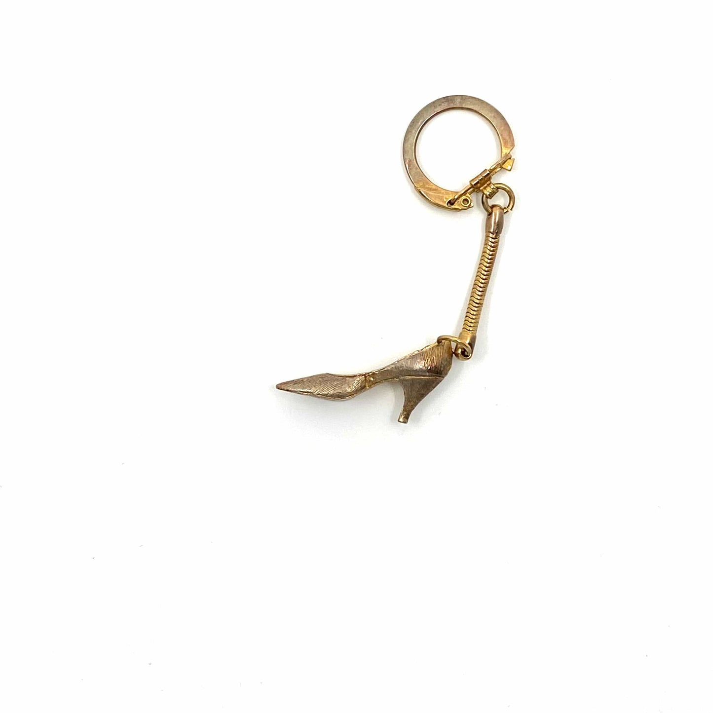 Vintage High Heel Shoe Keychain Goldtone Textured Metal Keyring Stiletto