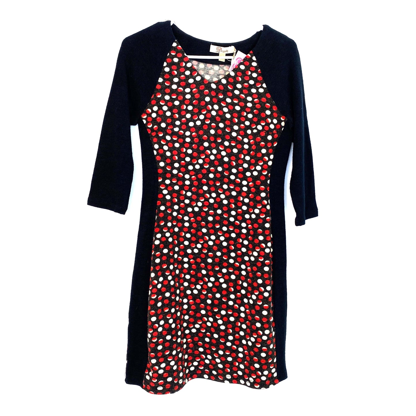 Aryeh Womens Size S Sweater Dress Black Raglan Sleeves Red White Dot Pattern