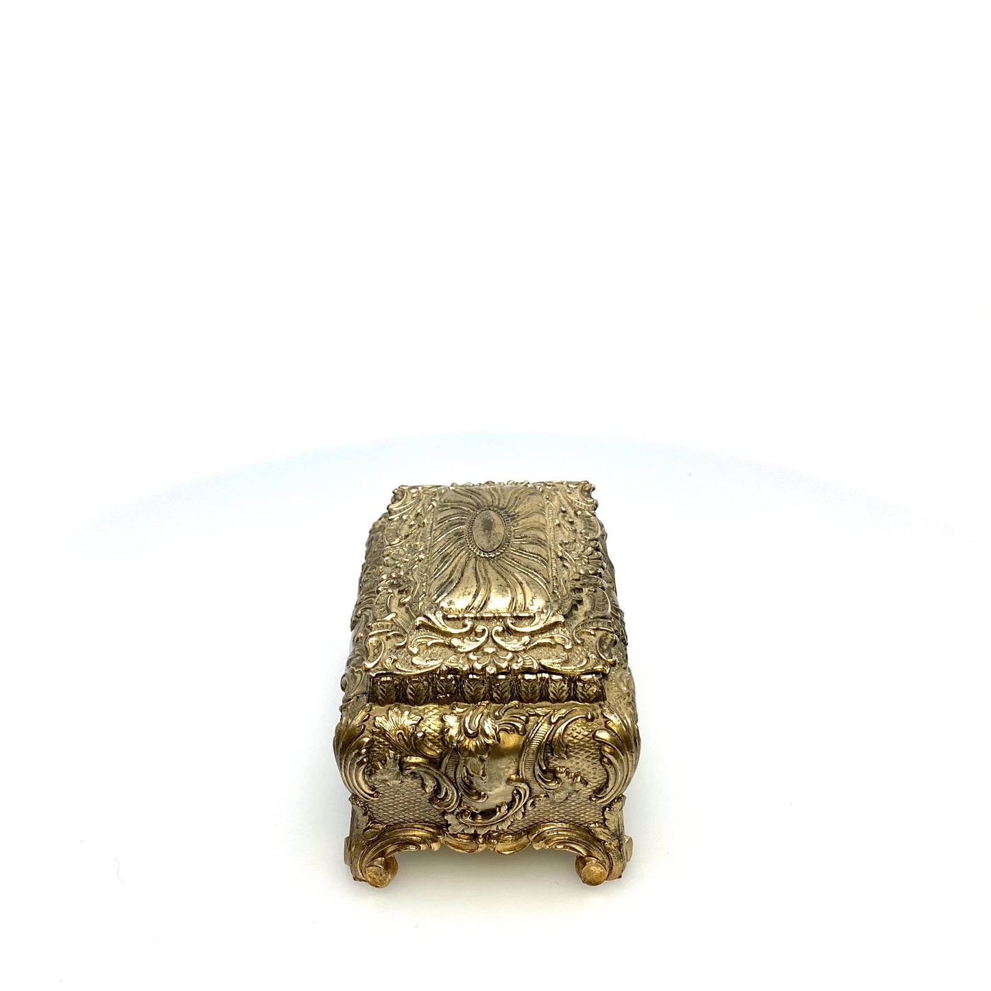 Vintage Ornate Gold Metal Casket Jewelry Box Art Floral Trinket Footed Vanity Accessory