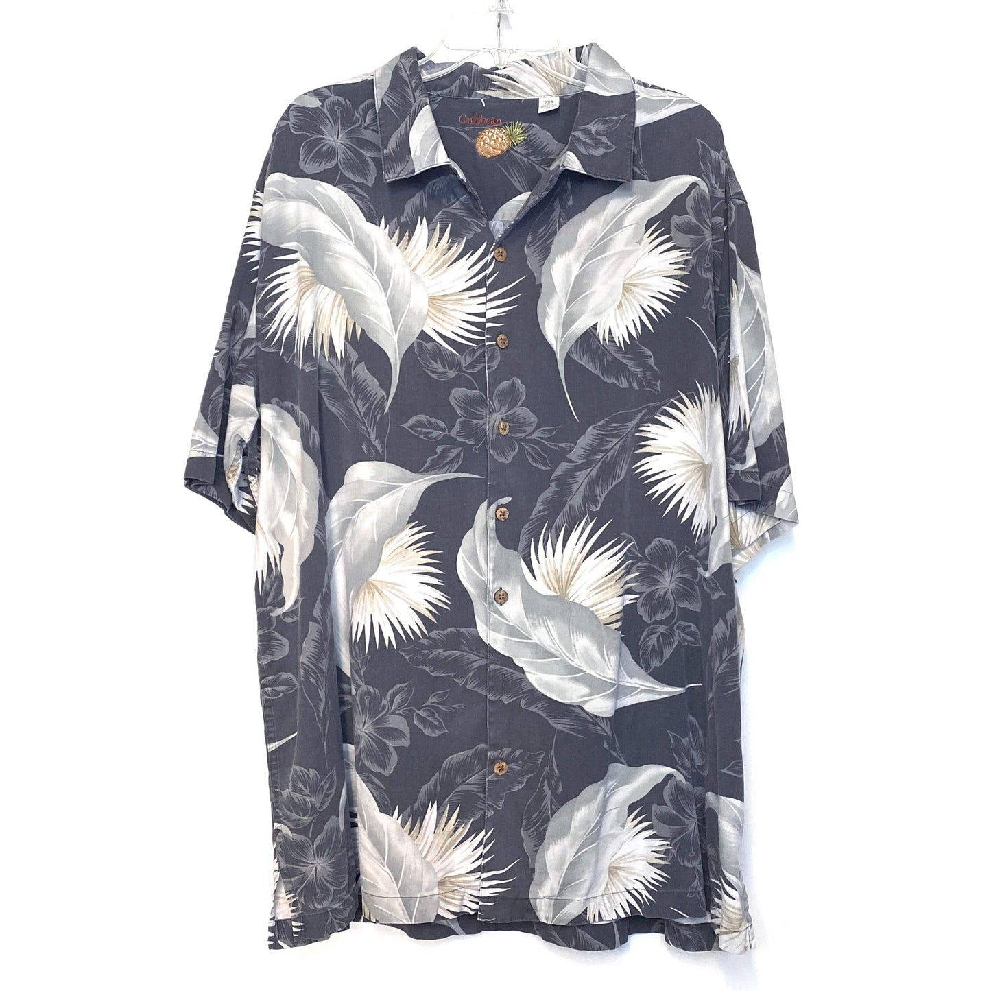 Caribbean Mens Size 2XT Gray Hawaiian Shirt Tropical Floral Pattern S/s