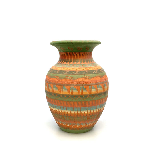 Navajo Pottery Vase Anna Tsosie Signed Terra Cotta Hand Etched 8” Orange Green Blue