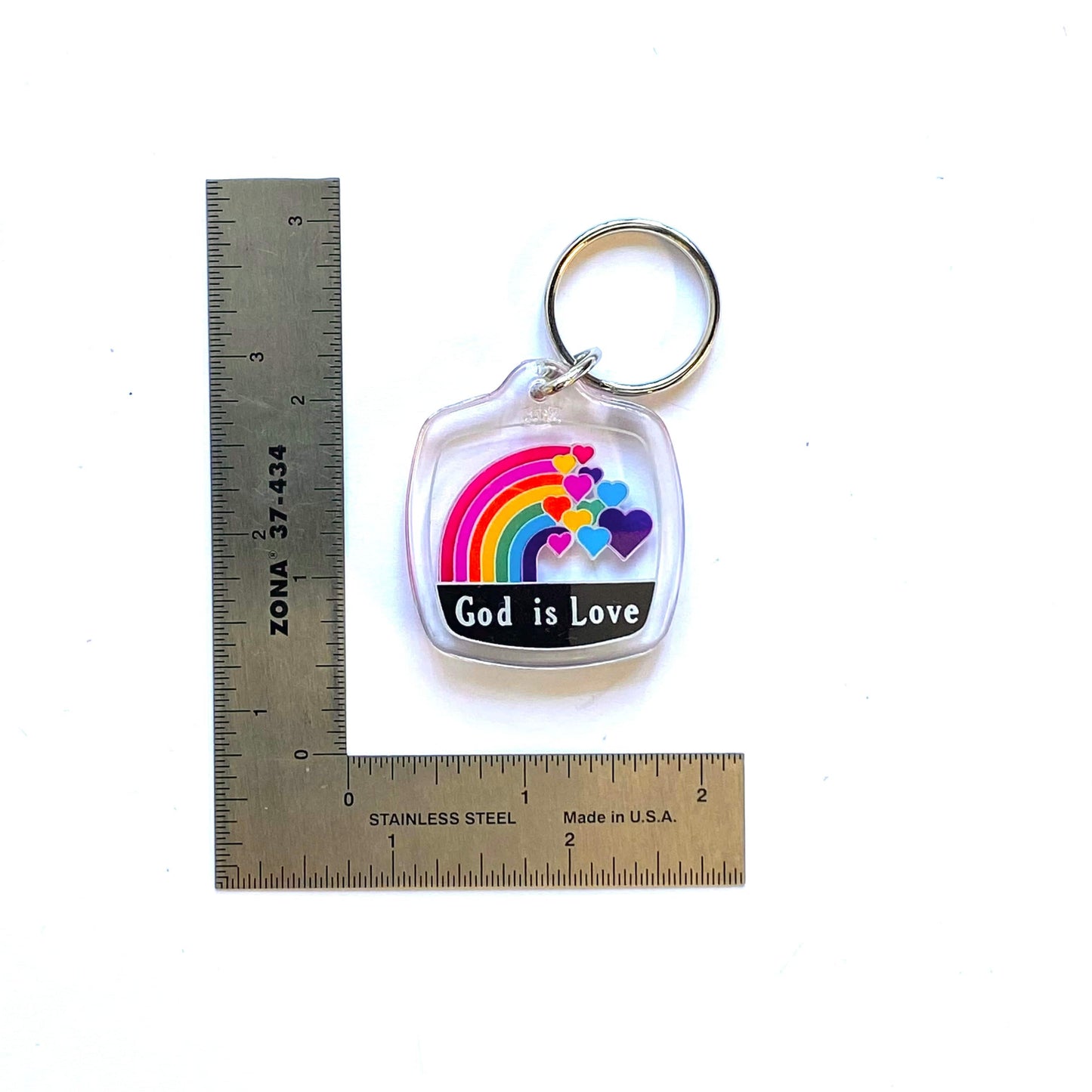 “God is Love” Rainbow Hearts Souvenir Keychain Key Ring Square Clear Acrylic