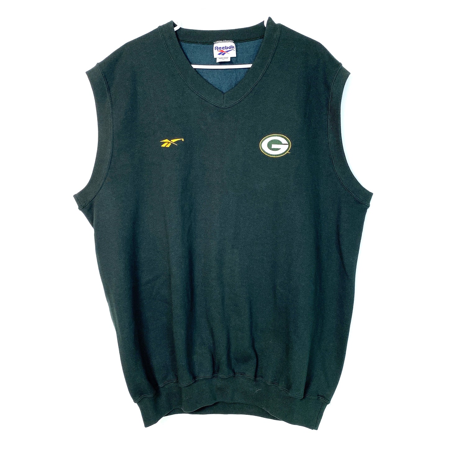 Vintage Reebok Mens Size XL Green Bay Packers Sweater Vest V Neck Embroidered Logo