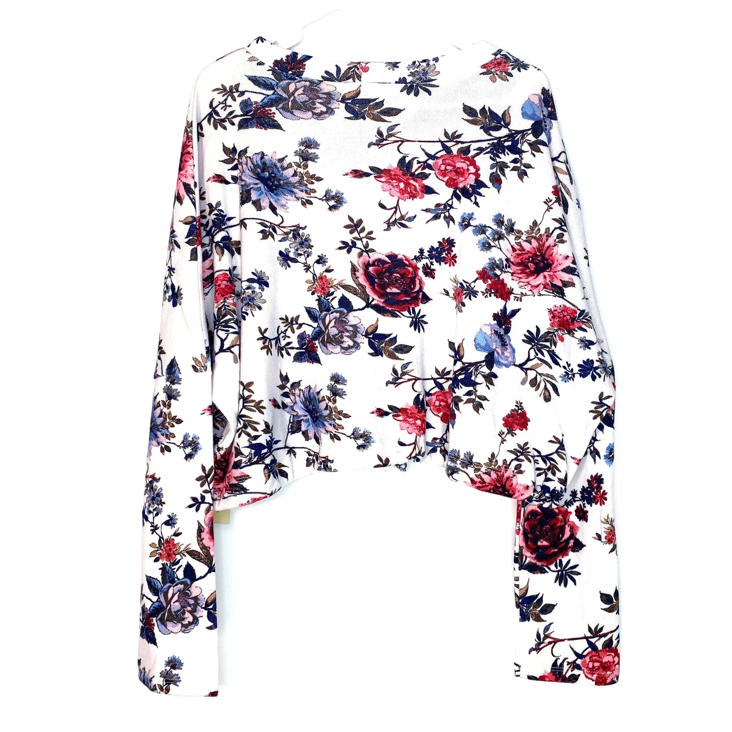 Stunning Liberty Love Womens White Floral Print L/S Crop Drawstring Waist Top