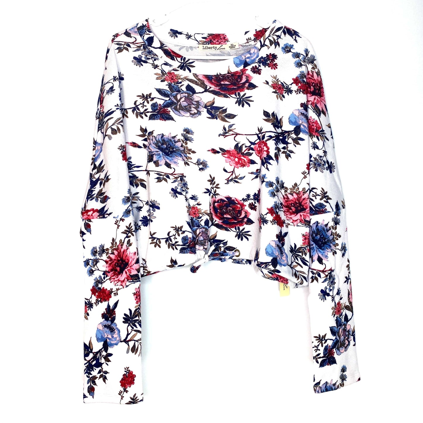 Liberty Love Womens Size XL White Crop Sweater Floral Print Drawstring Waist