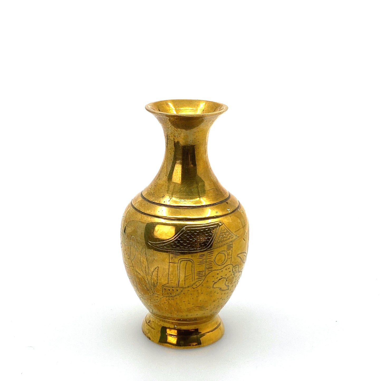 Vintage Asian Themed Engraved Brass Vases - Set of 2