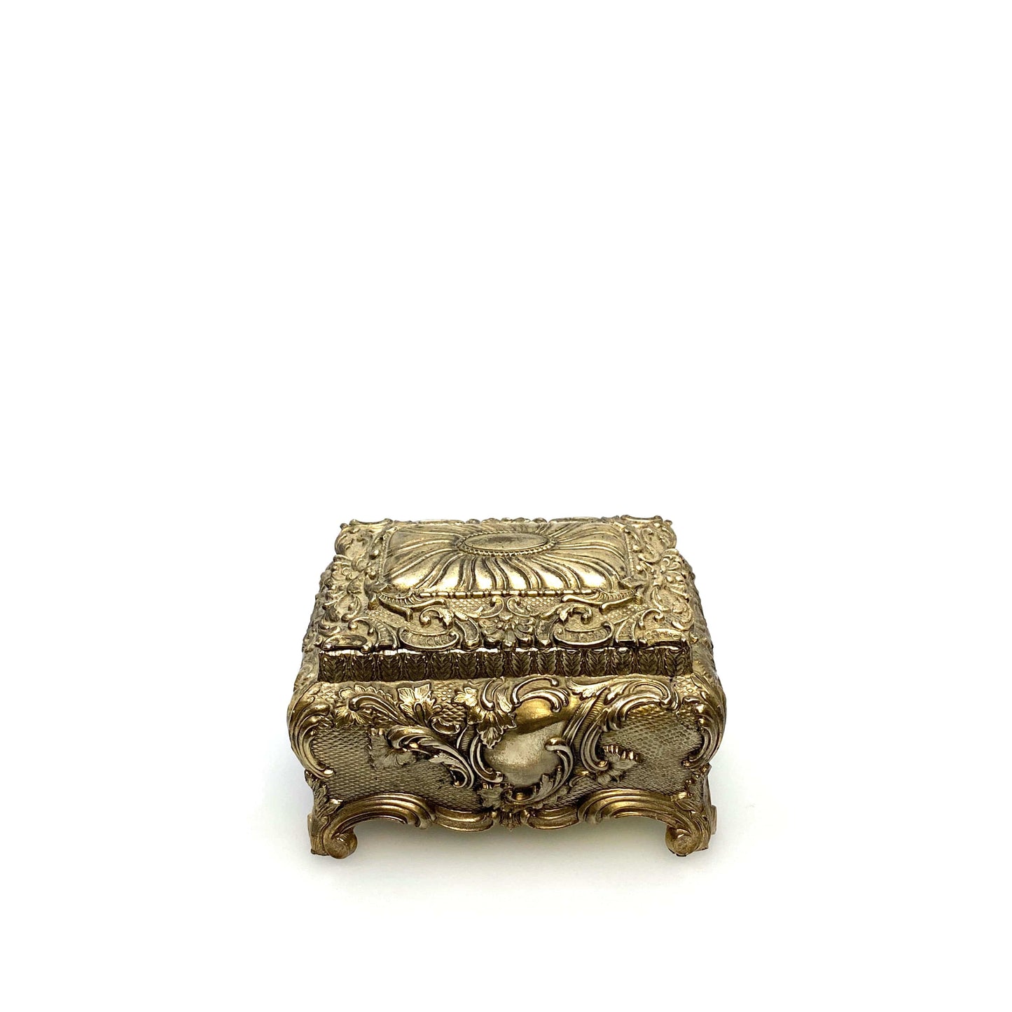 Vintage Ornate Gold Metal Casket Jewelry Box Art Floral Trinket Footed Vanity Accessory