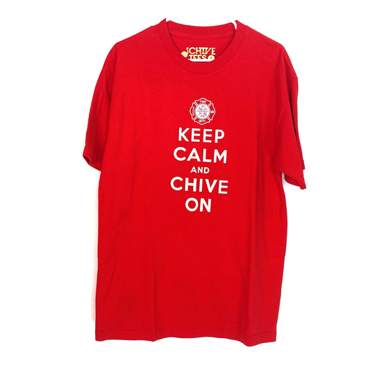Chive Mens Size L Red T-Shirt Keep Calm And Chive On KCCO Fire Dept Graphic