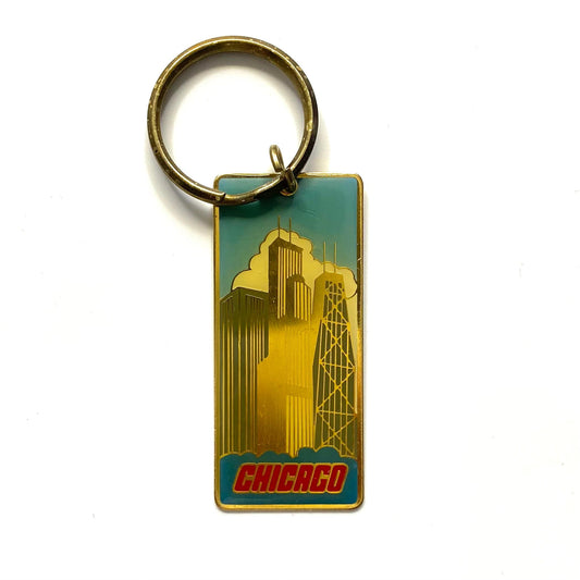 Vintage Chicago City Skyline Souvenir Keychain Key Ring Metal Rectangle Gold