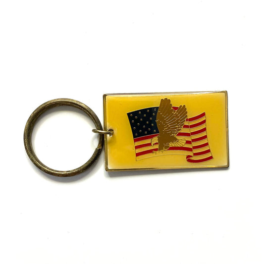 Vintage Paradies Collection Enamel American Flag Eagle Souvenir Keychain Key Ring Metal Rectangle Gold