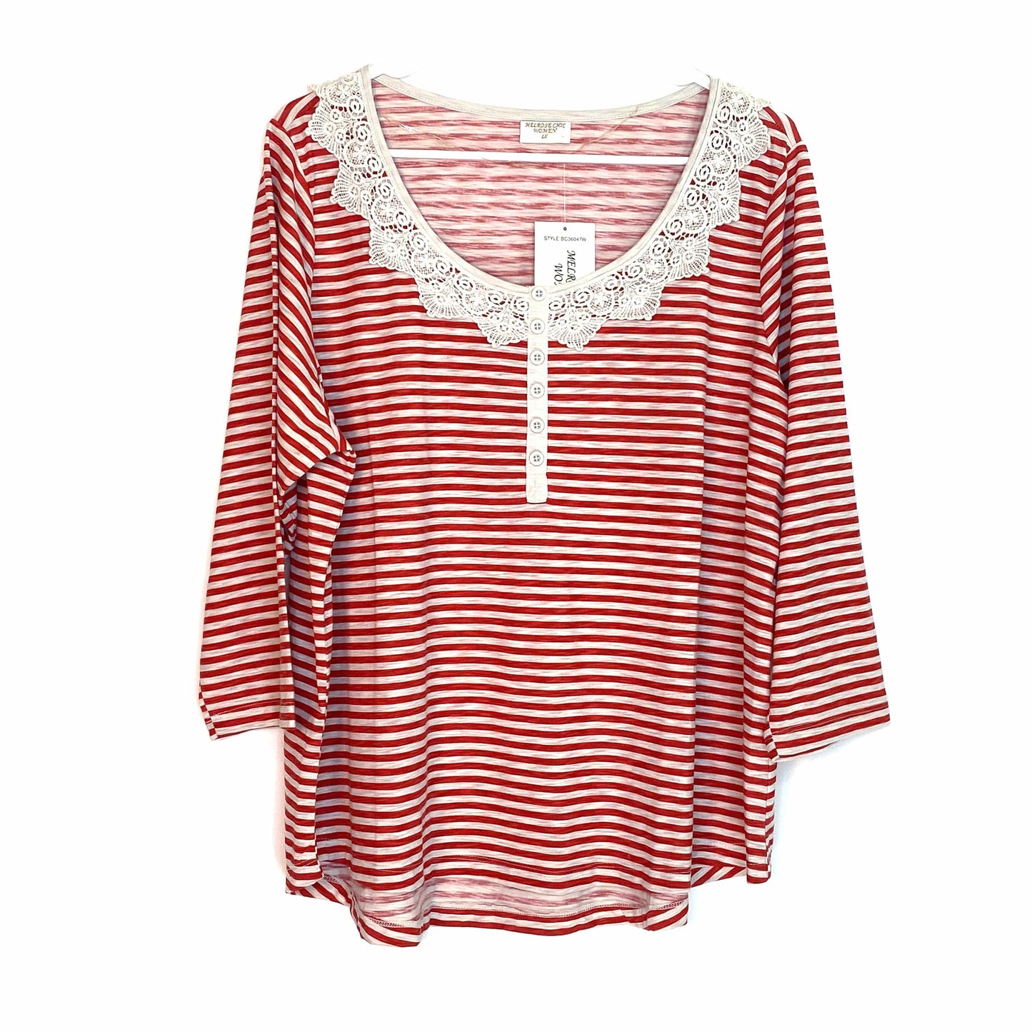 Melrose Chic Womens Size 1X Red White Striped Crocheted Collar Blouse NWT