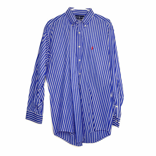Ralph Lauren Mens Size 16 M Blue White Striped Dress Shirt Classic Fit Button-Up L/s