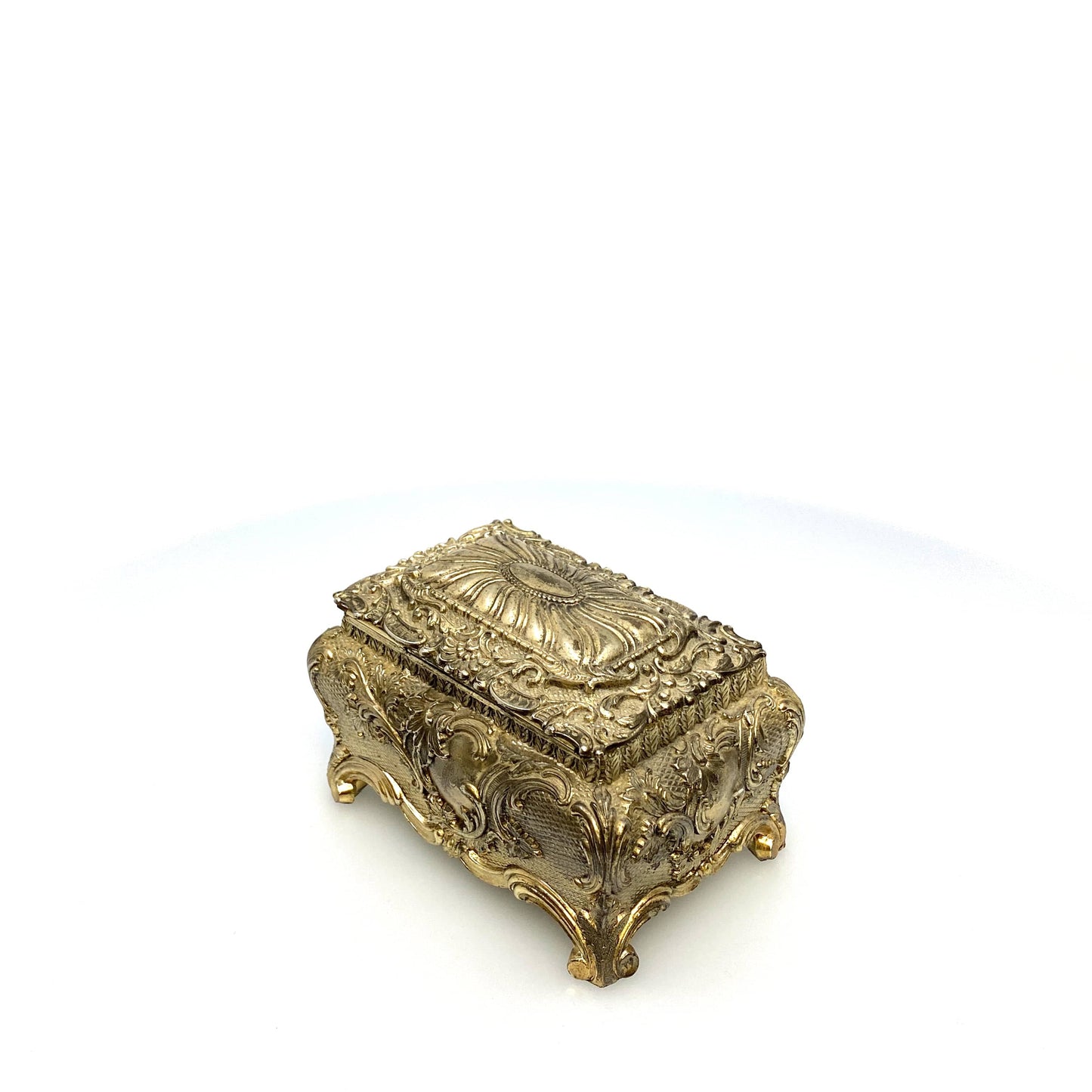 Vintage Ornate Gold Metal Casket Jewelry Box Art Floral Trinket Footed Vanity Accessory