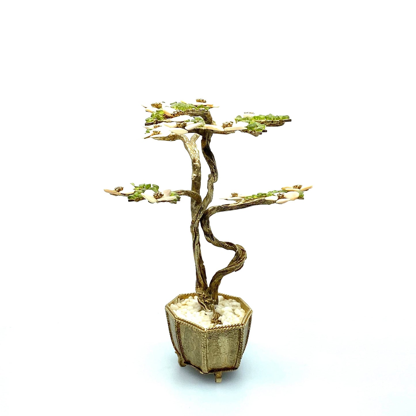 Vintage Brass Bonsai Tree Sculpture with Jade - 1970s