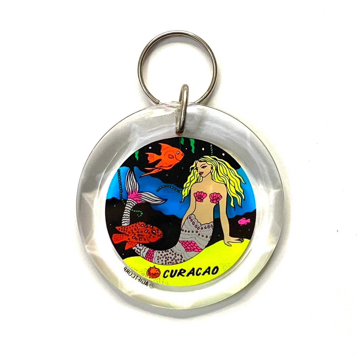 Vintage Curaçao Travel Souvenir Keychain Key Ring Round Clear Acrylic