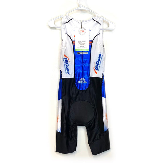 Louis Garneau Womens Size M White Blue Black Sleeveless Full Zip Pocketed Cycling One-Piece