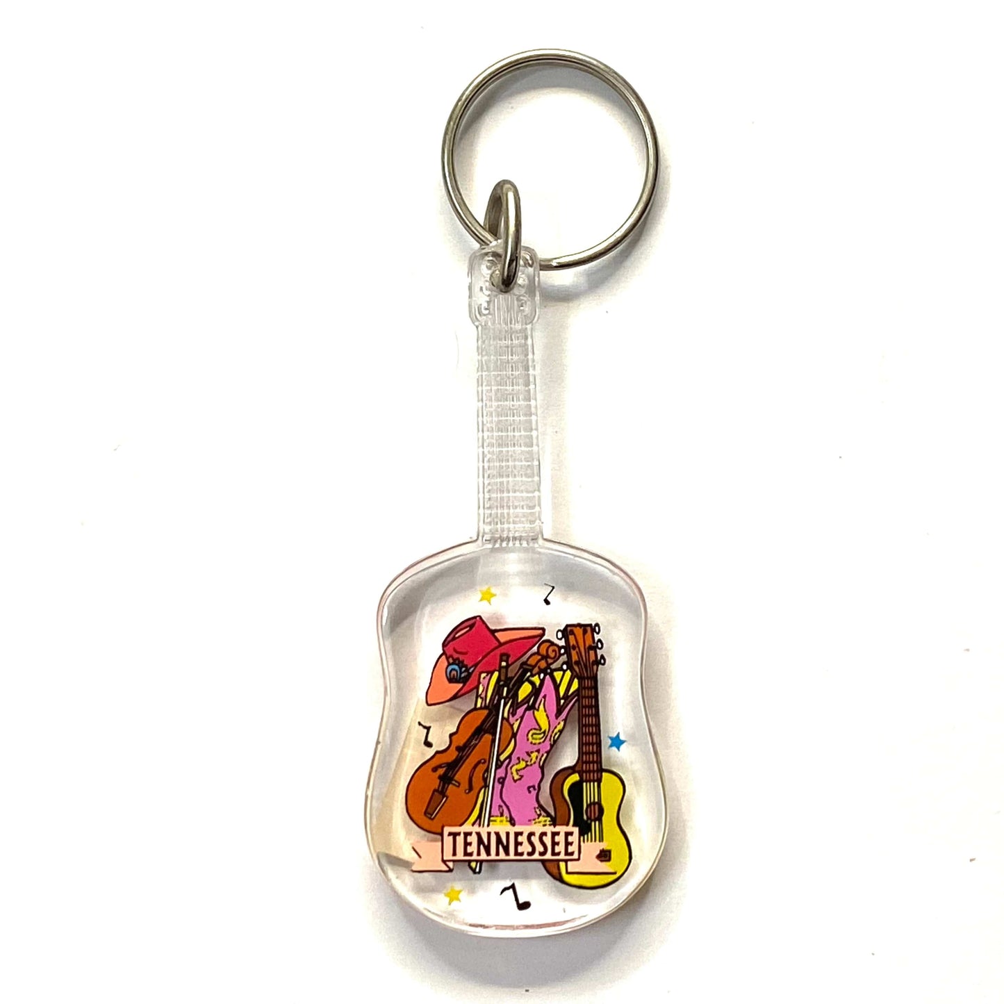 Vintage Nashville, Tennesee Travel Souvenir Keychain Key Ring Guitar Clear Acrylic