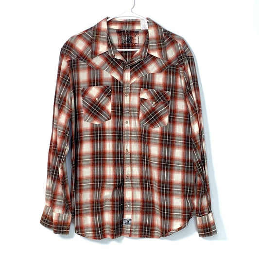 Ely 1878 Mens Western Shirt Size Large Red Plaid Snap Up Long Sleeve