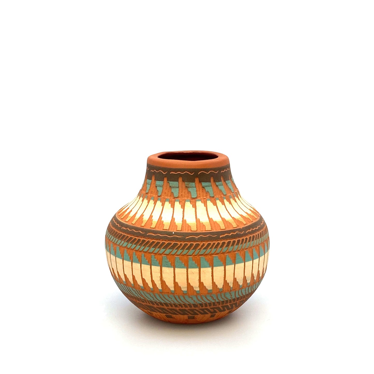Navajo Pottery by Anna Tsosie Terra Cotta Hand Etched Seed Pot 5” Orange Blue Brown