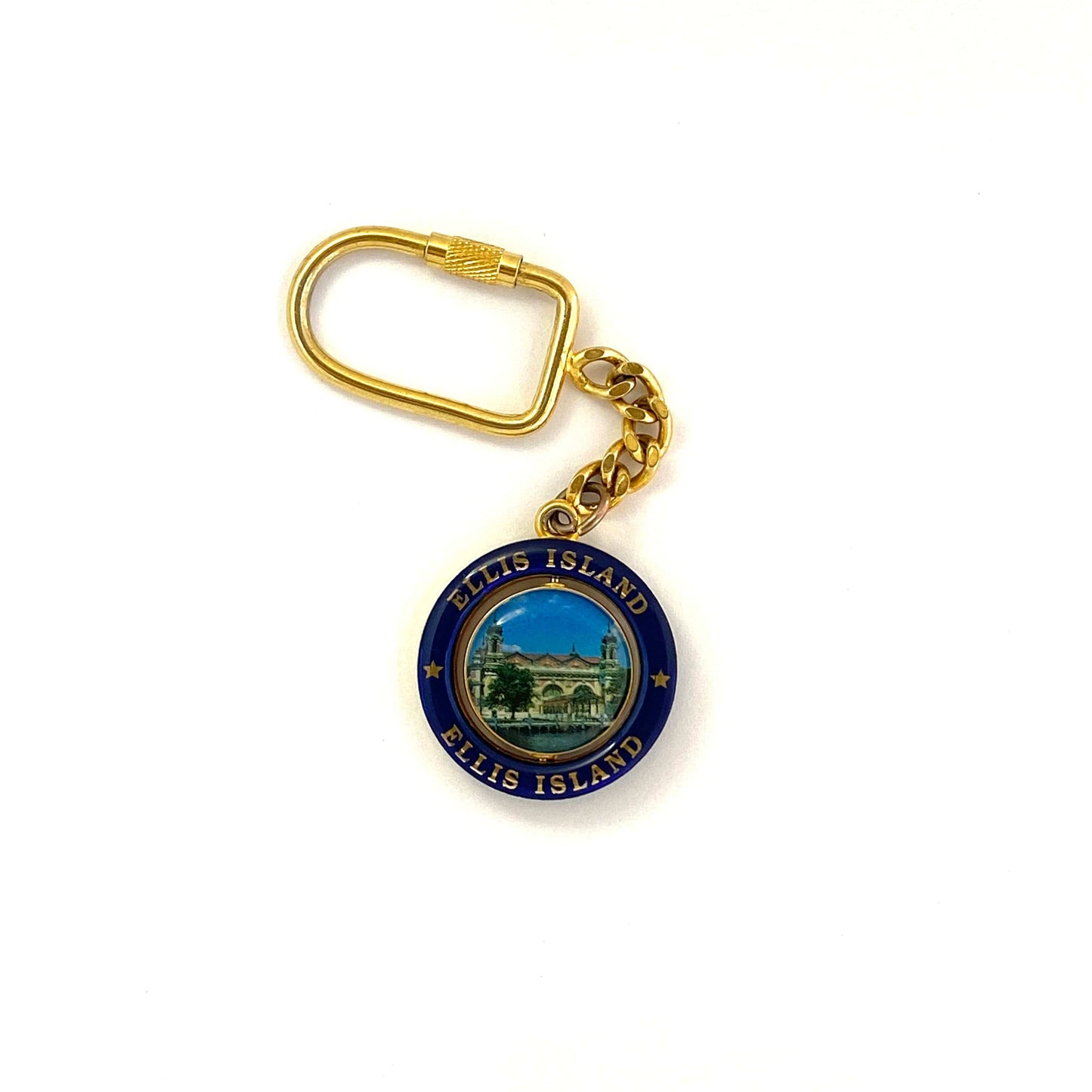 Vintage “Ellis Island” Goldtone Spinner Travel Souvenir Keychain Key Ring Charm