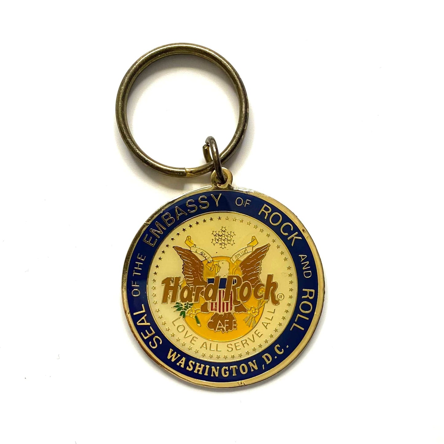 Vintage Washington, D.C. Enamel The Embassy of Rock & Roll Souvenir Keychain Key Ring Metal Round
