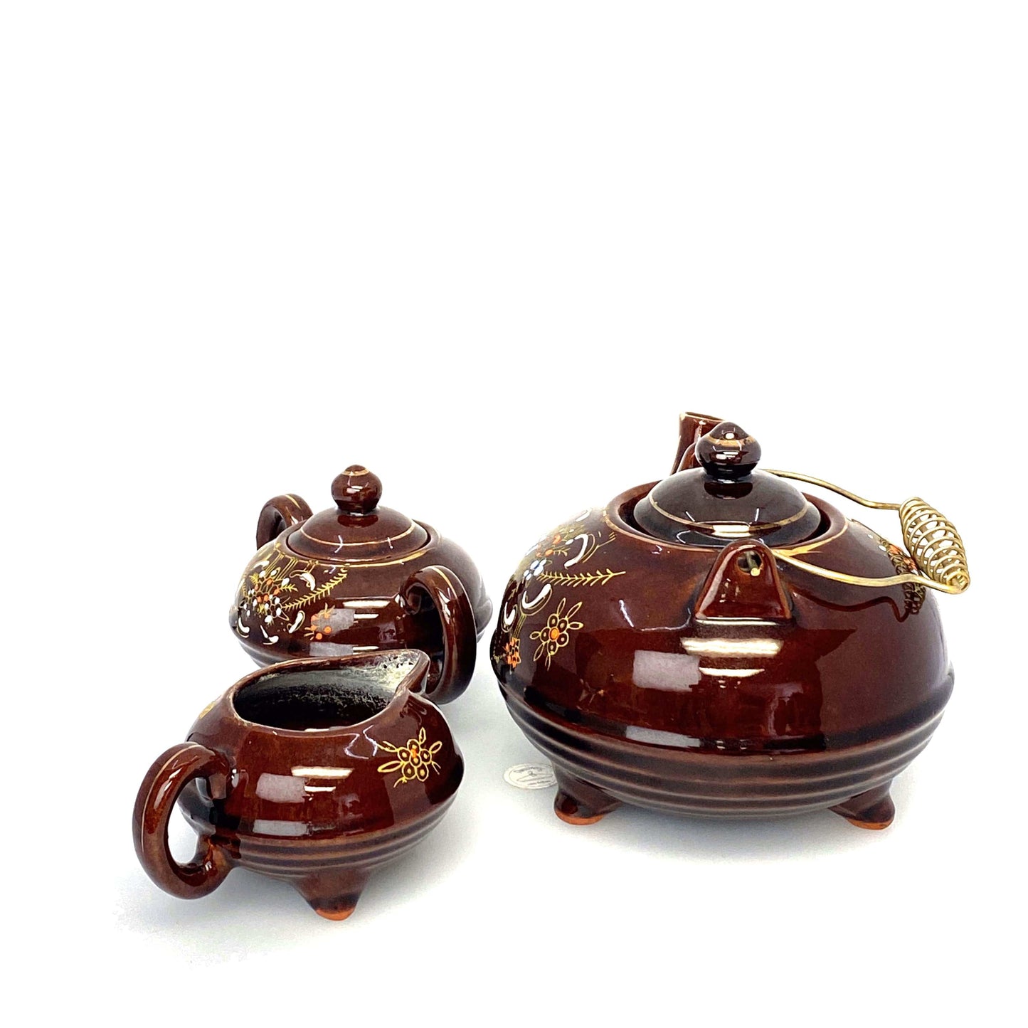 Vintage Redware Brown Betty Moriage Tea Pot Cream Sugar Bowl Set Japan 1960’s Hand-Painted