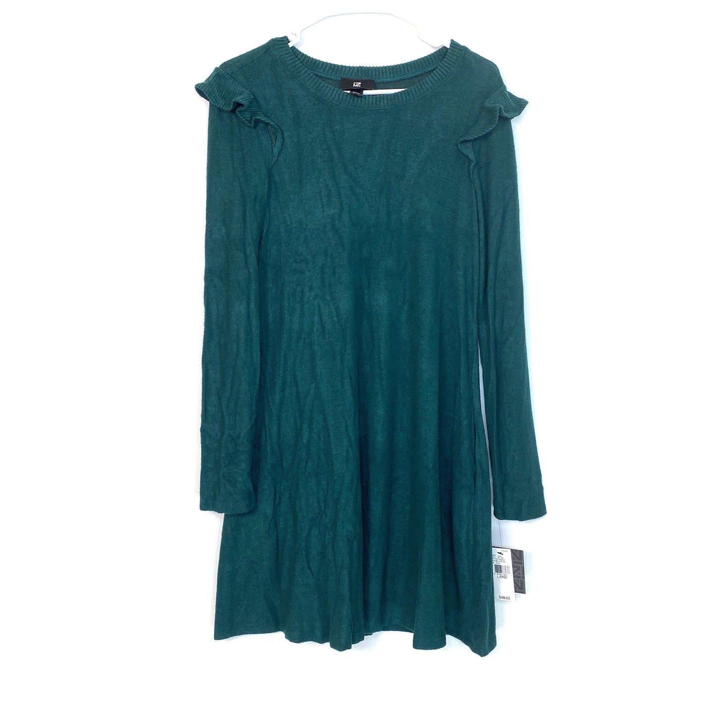 IZ Byer Women’s Hunter Green Long Sleeve Shoulder Ruffle Sweater Dress Sz L NWT