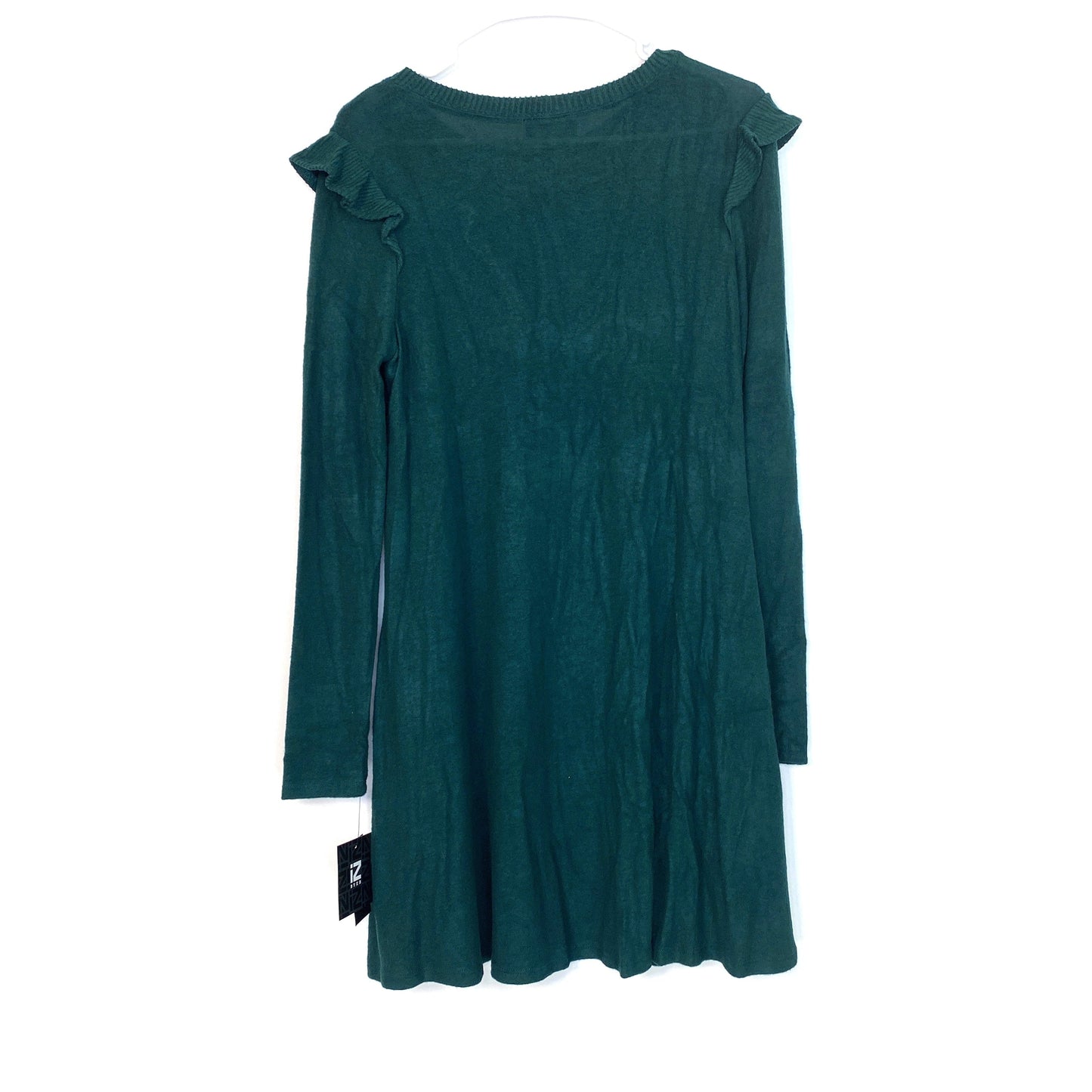 IZ Byer Women’s Hunter Green Long Sleeve Shoulder Ruffle Sweater Dress Sz L NWT