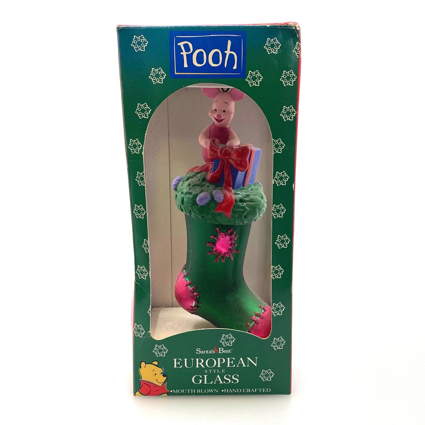 Santa’s Best POOH Piglet on a Stocking European Glass Style Holiday Ornament Mouth Blown