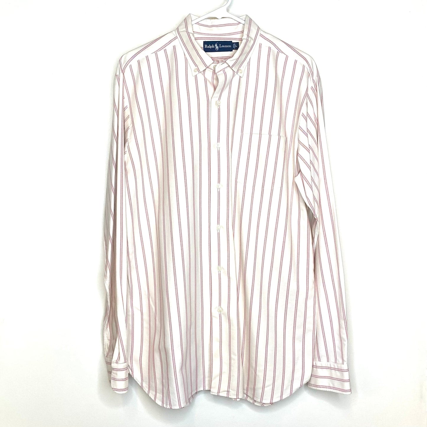 Polo Ralph Lauren Mens Size L White Pink Striped Dress Shirt Button-Up L/s