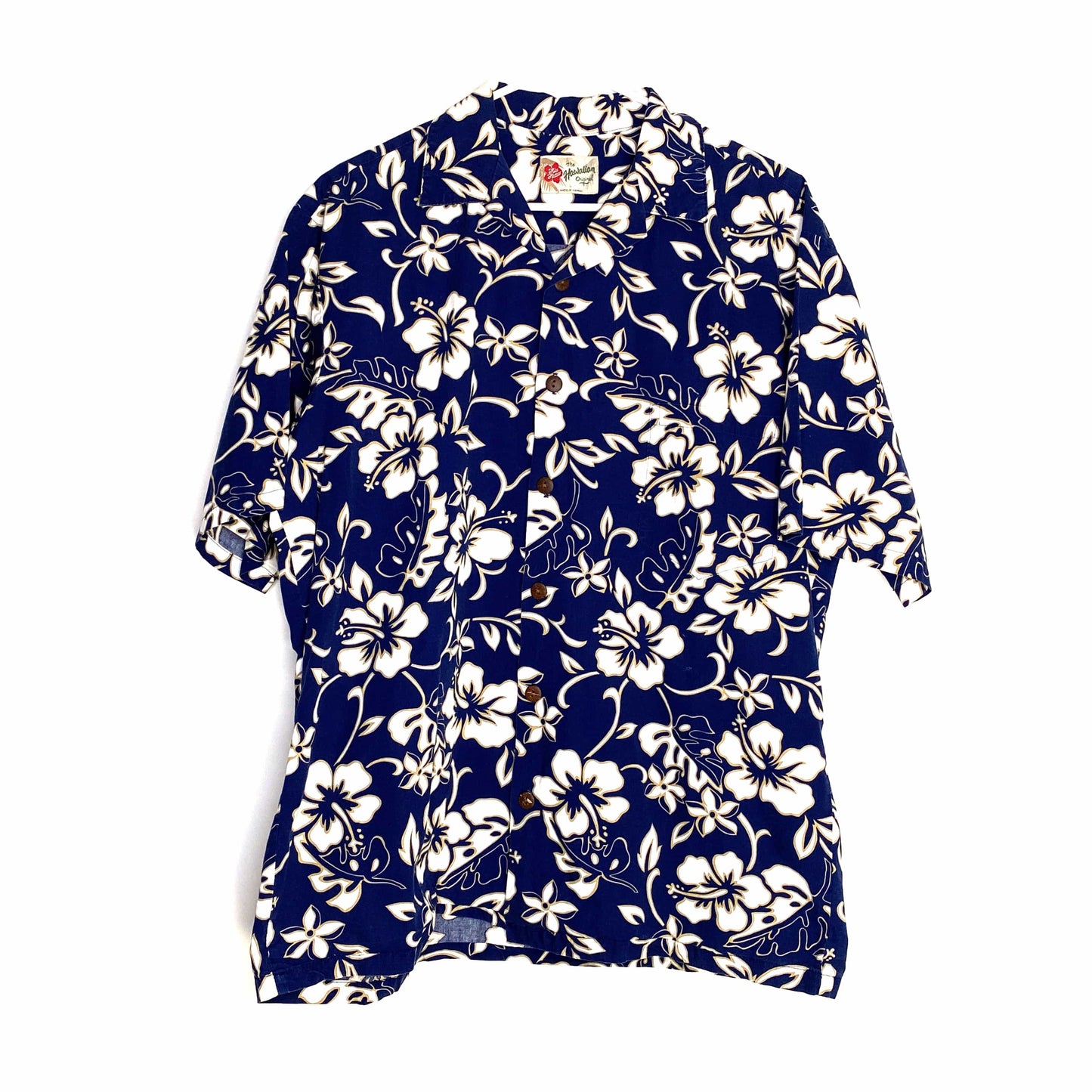 Vintage Hilo Hattie Hawaiian Original Shirt Blue White Floral L Short Sleeve Men's Used