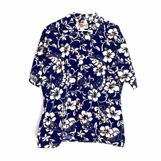 Vintage Hilo Hattie Hawaiian Original Shirt Blue White Floral L Short Sleeve Mens Used