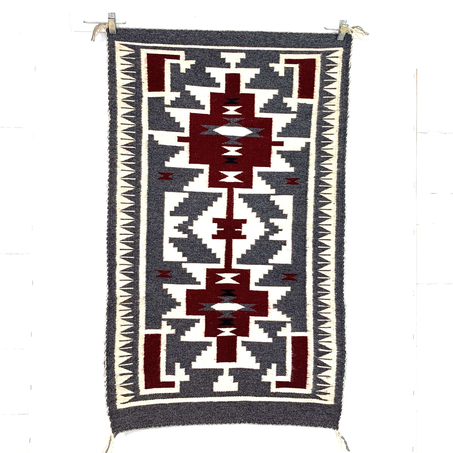 Vintage Navajo Hand-Woven Gray Red Geometric Kilim Rug by Lena Begay 40” x 25”