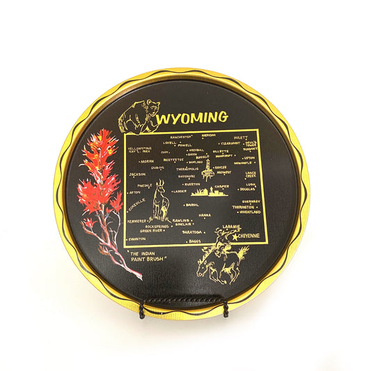 State of Wyoming Collectible Decorative Plate 11” Black/Gold Map Points of Interest