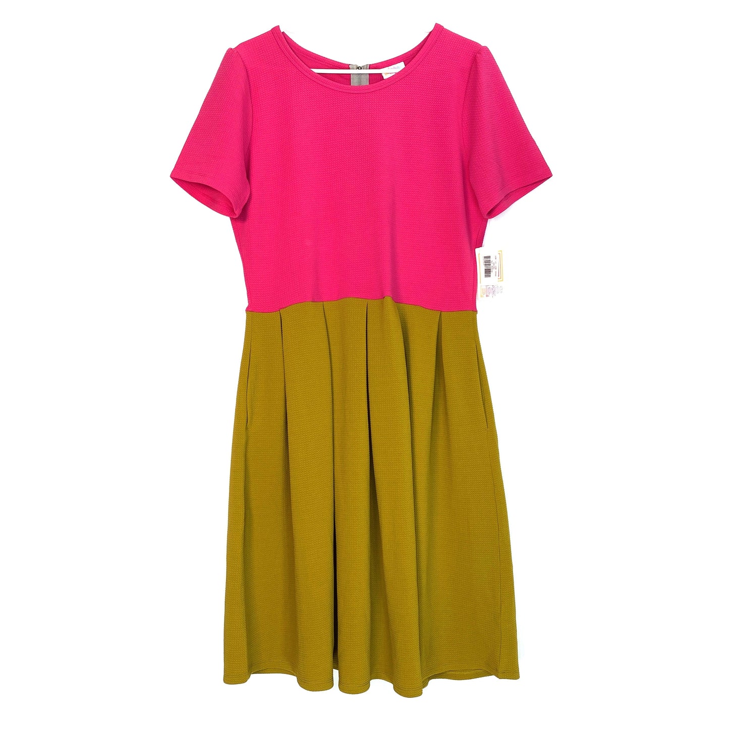 LuLaRoe Womens Size 2XL Amelia Pink & Mustard Yellow Colorblock UNICORN Dress NWT