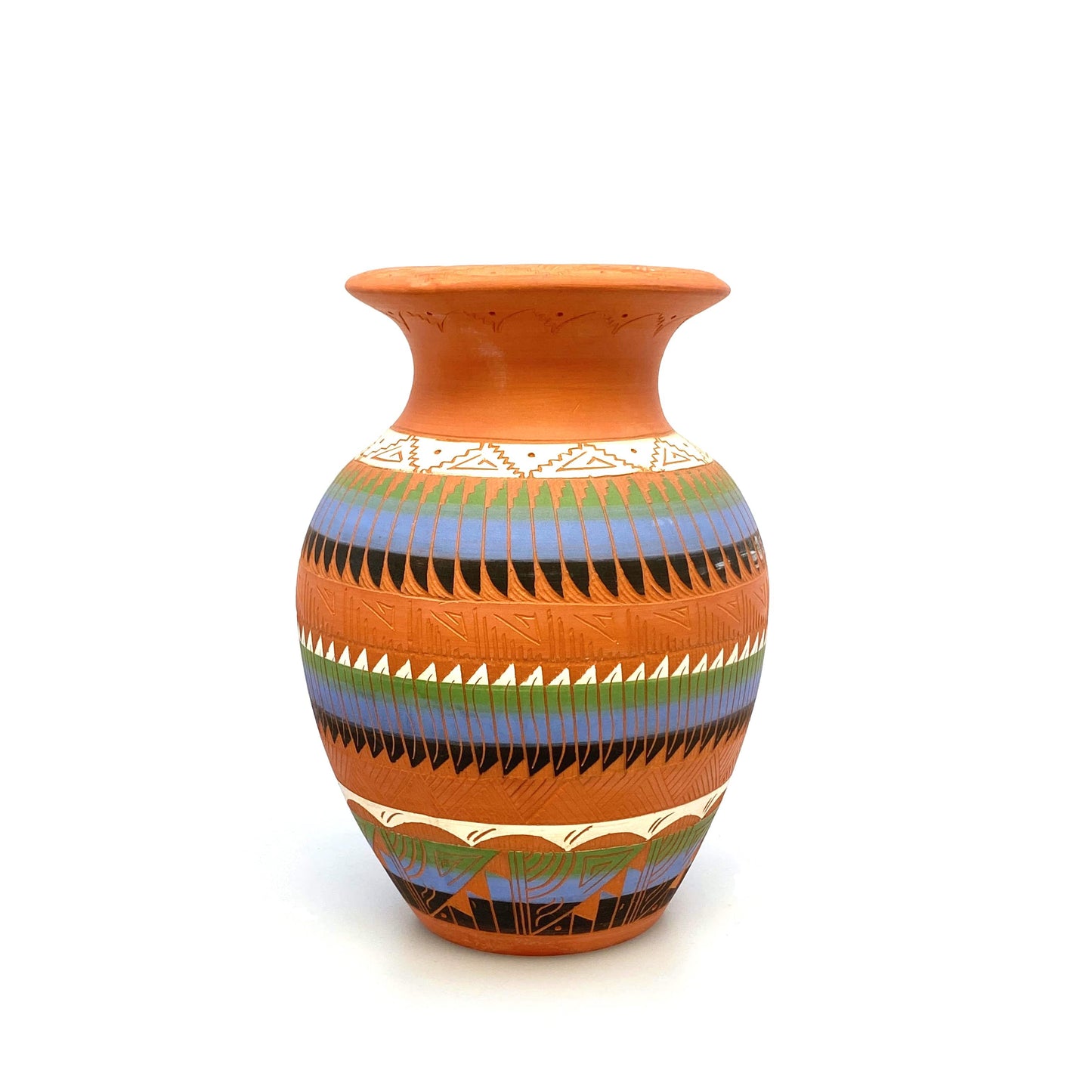 Navajo Pottery Vase Anna Tsosie Signed Terra Cotta Hand Etched 8” Orange Blue