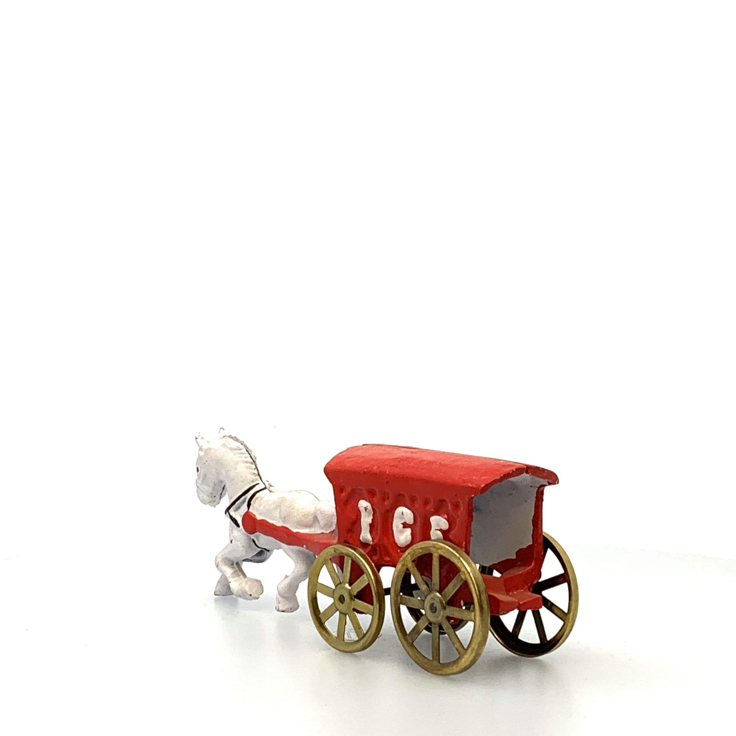Champion Cast Iron Red Ice Wagon White Horse Drawn Cart Carriage Toy, Gold Wheels