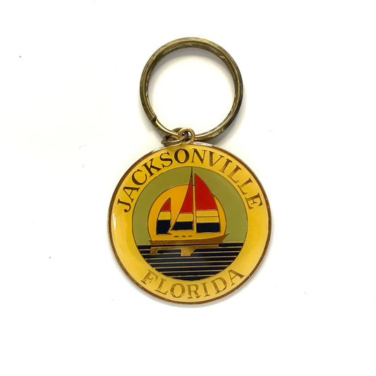 Vintage Paradies Collection Jacksonville, Florida Sailboat Souvenir Keychain Key Ring Metal Round Gold