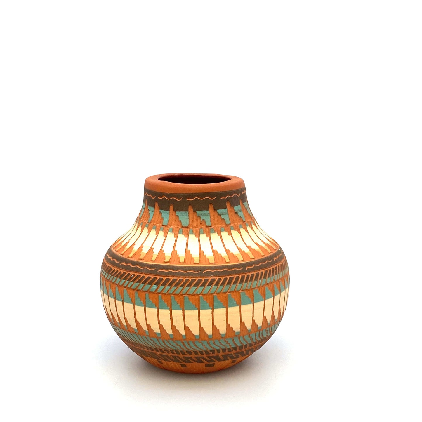 Navajo Pottery by Anna Tsosie Terra Cotta Hand Etched Seed Pot 5” Orange Blue Brown