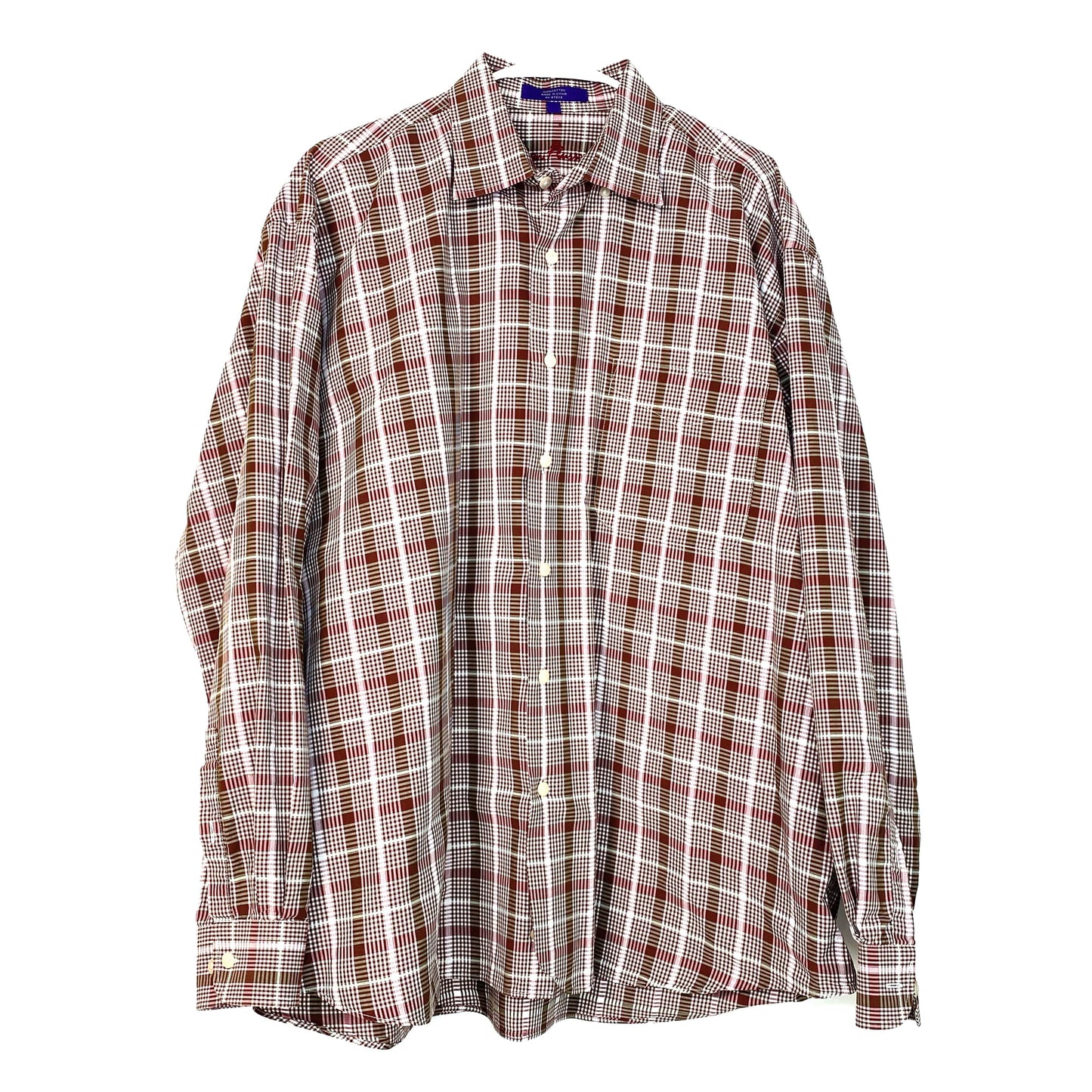 Alan Flusser Mens Dress Shirt Size XL Brown White Plaid Button-Up Dress Shirt