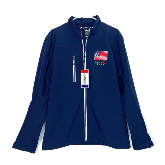 Patriotic Clique Olympics Jacket Mens Medium Blue American Flag Rings “Hershey”