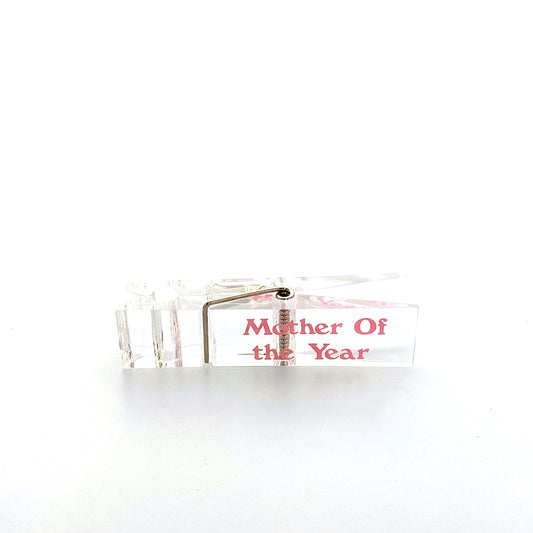 Vintage Lucite Clothes Pin Desk Paperweight “Mother of the Year” Office Decor